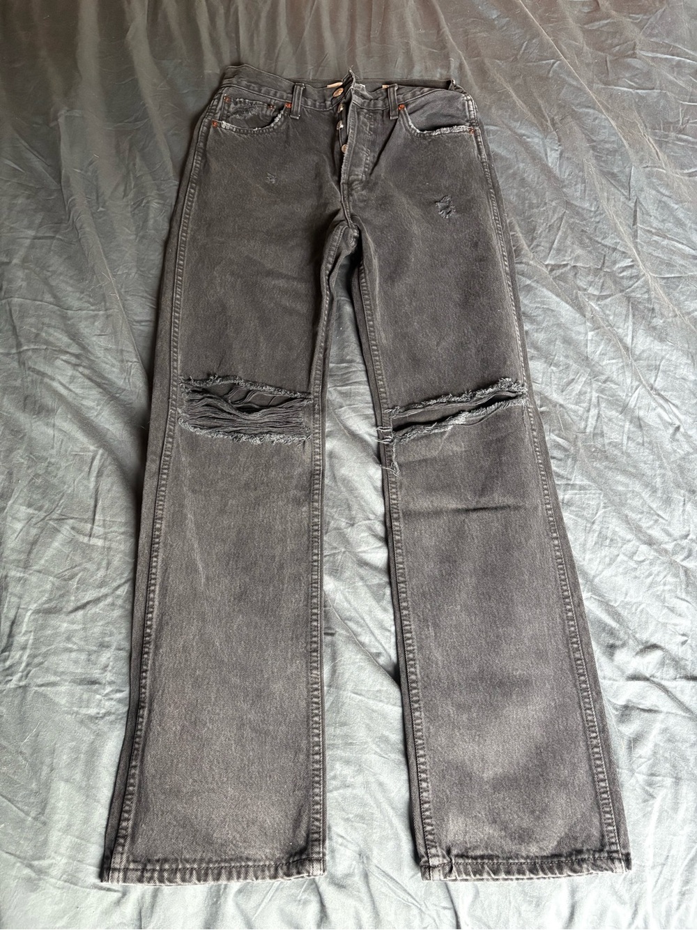 Re/done Black Distressed Straight Leg Jeans, high rise